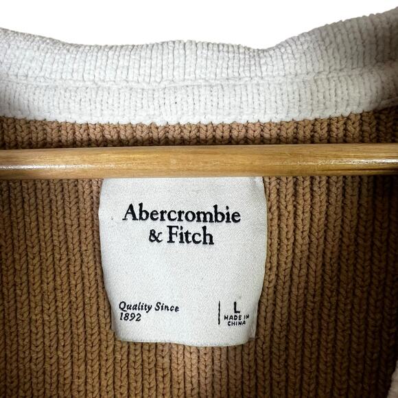 Abercrombie & Fitch Contrast Collar Polo Sweater Womens L Tan White Preppy Chic - Picture 5 of 6